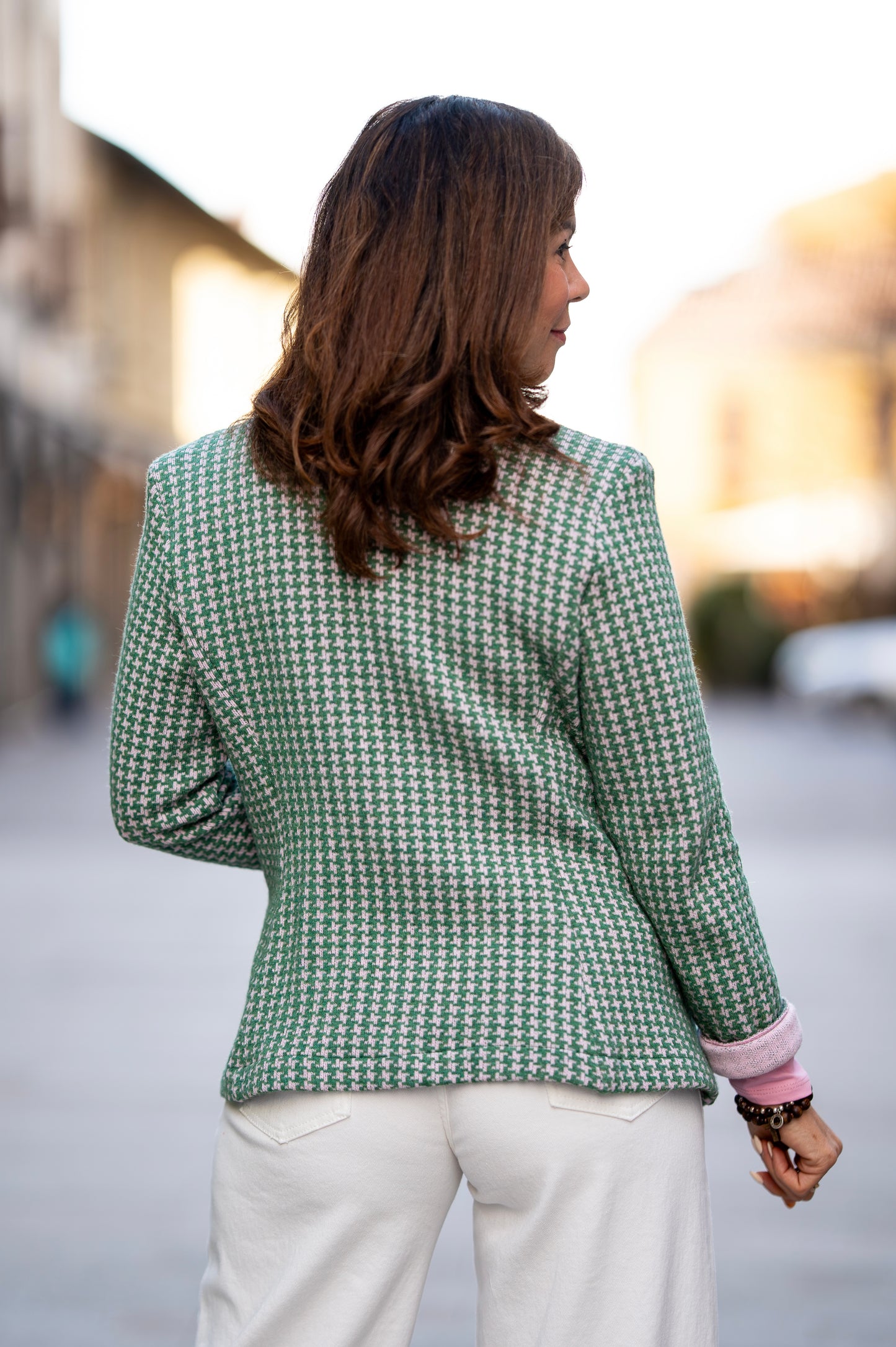 Giacca lana/cotone verde/rosa