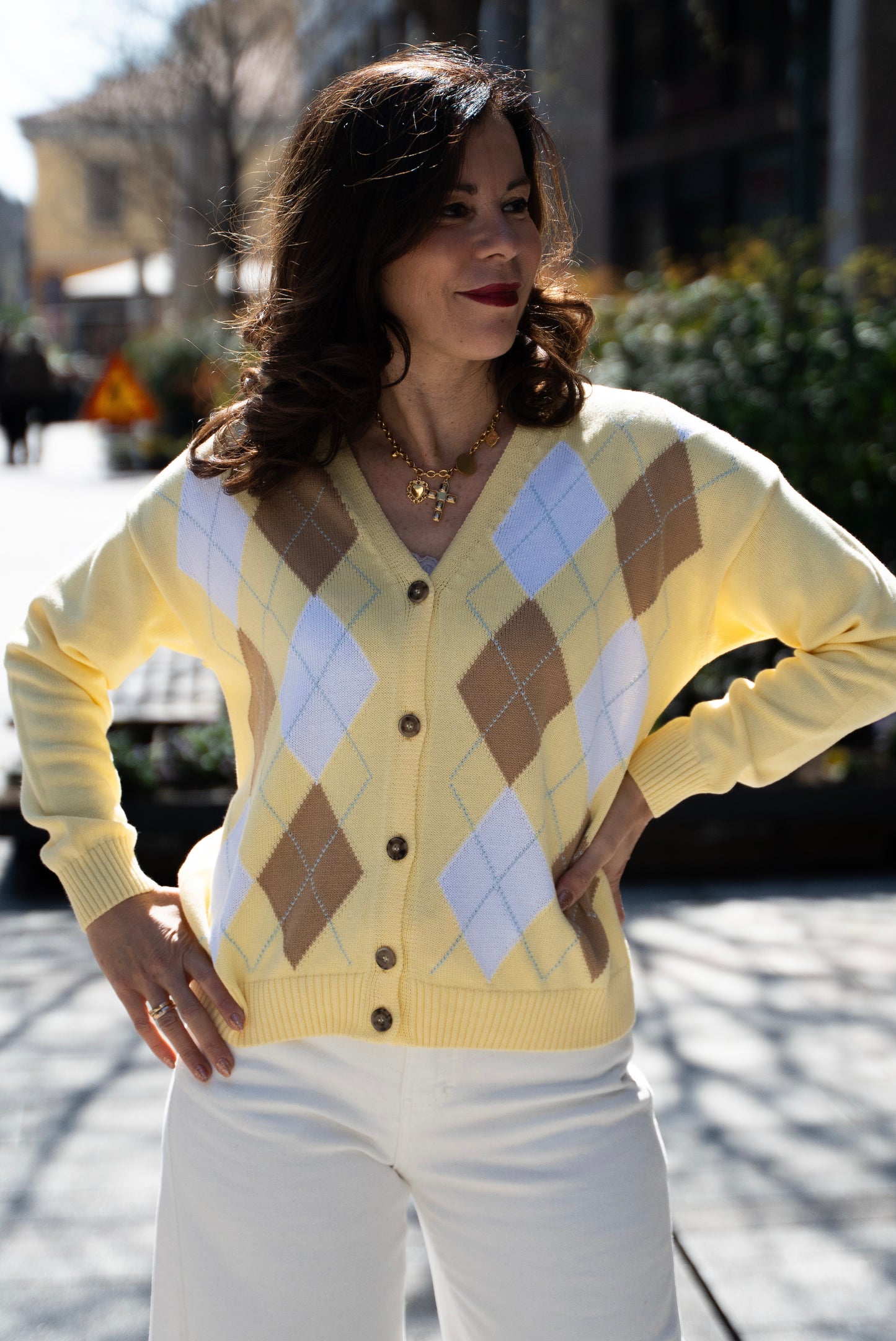 Cardigan bottone giallo/cammello